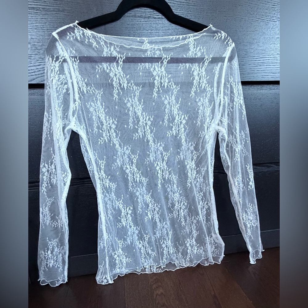 White Mesh Lace Transparent Long Sleeve Top Medium - Picture 3 of 13